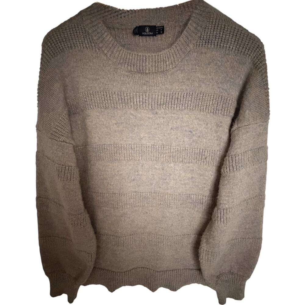 Volcom True To This Women's Small Taupe Textured Stripe Crewneck Sweater